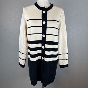 Saint James Womens Long Button Up Cardigan Size 8 Navy Ivory Stripe Wool Pockets